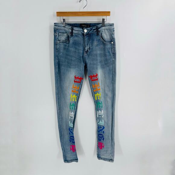 Pheelings Jeans Men’s 34 Blue Denim Skinny Fit Rainbow Gothic Logo Embroidered - Picture 1 of 12